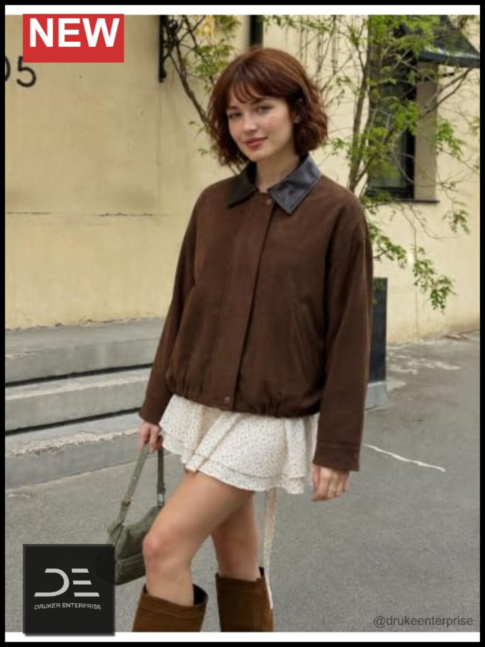 Womens Faux Suede Bomber Jacket Casual Lapel Pilot Cropped Oversized Zip Up - Picture 5 of 6